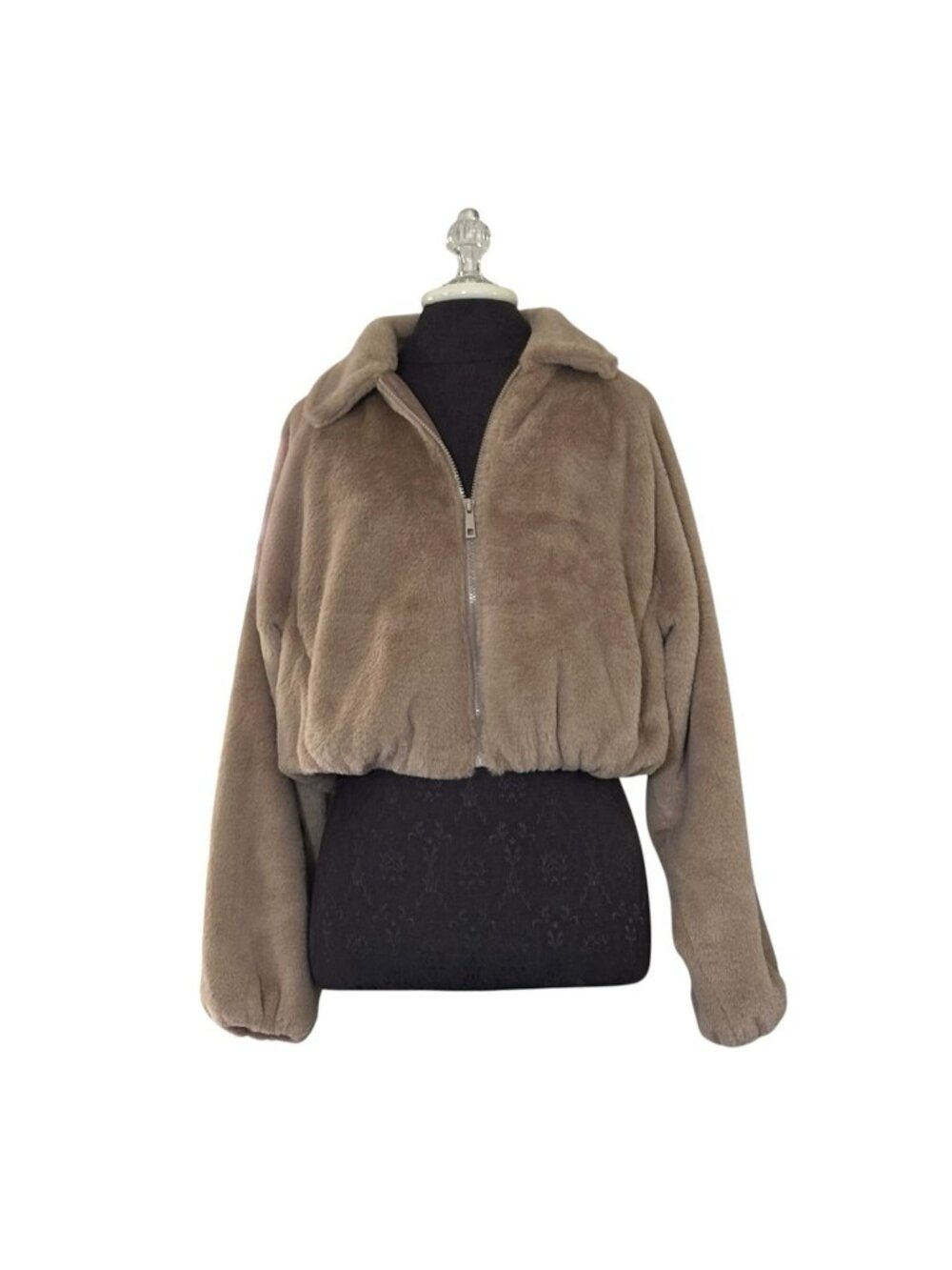 Stitch Fusion Crop Coat S Brown Tan Taupe Faux Fur Long Sleeve Pockets Zip Front